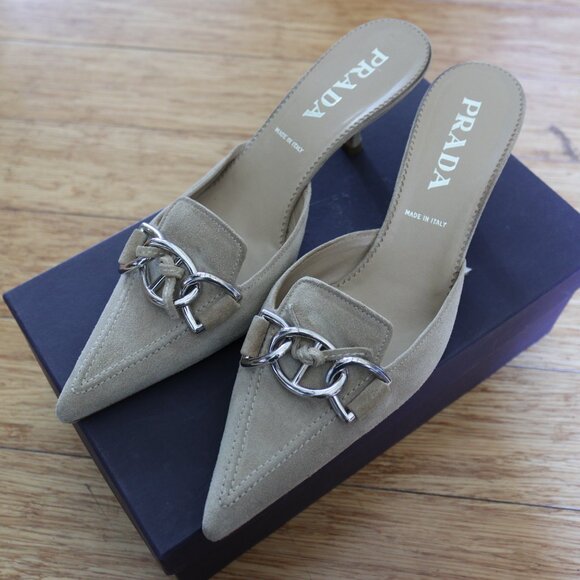 Prada Leather Suede Beige/Tan Silver Buckle Mule Heels Size 40.5 - Picture 1 of 8